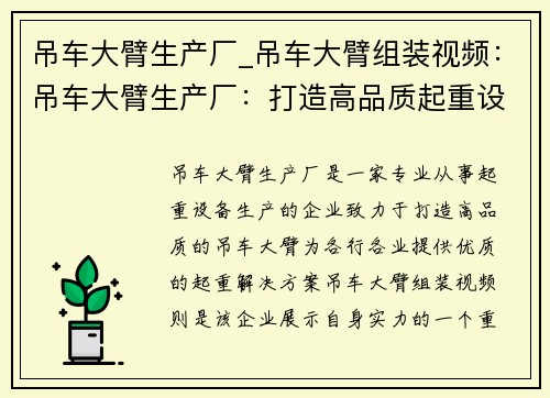 吊车大臂生产厂_吊车大臂组装视频:吊车大臂生产厂:打造高品质起重设备