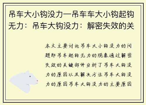 吊车大小钩没力—吊车车大小钩起钩无力:吊车大钩没力:解密失效的关键部件